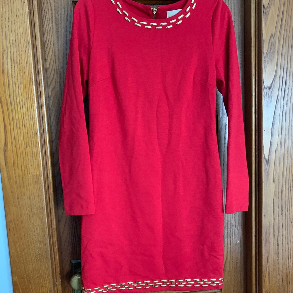 Michael Kors red cocktail dress with gold embellishments and exposed gold zipper